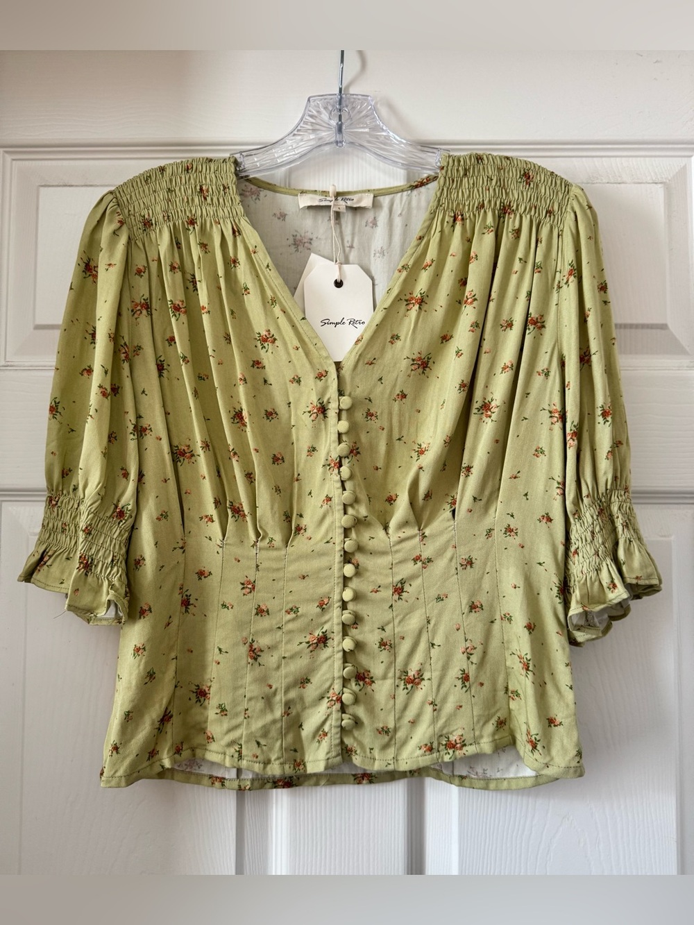 Simple Retro Green Floral Button Front Blouse Size L NWT Cottagecore